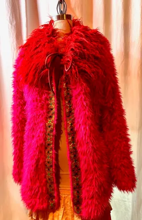Pink Fake Fur Coat w/ Block Print Lining