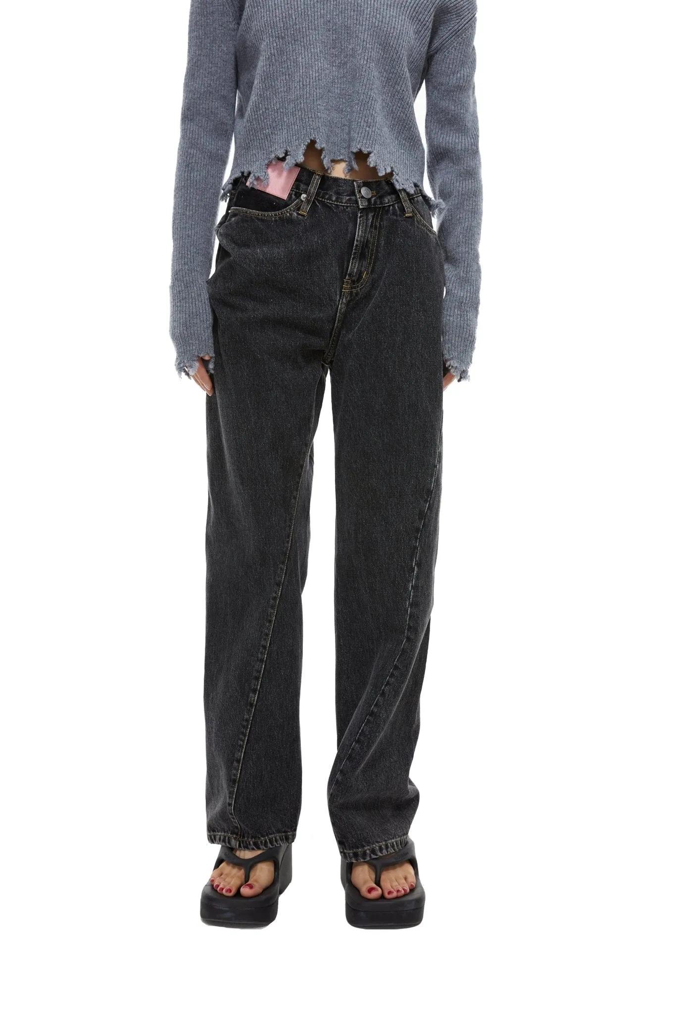 Pink Leather Distressed Jeans