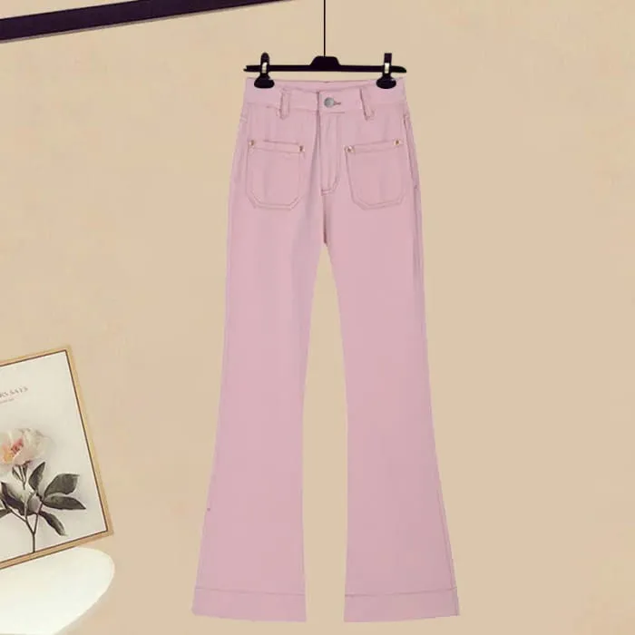 Puff Sleeve Shirt Flared Pink Denim Pants Set