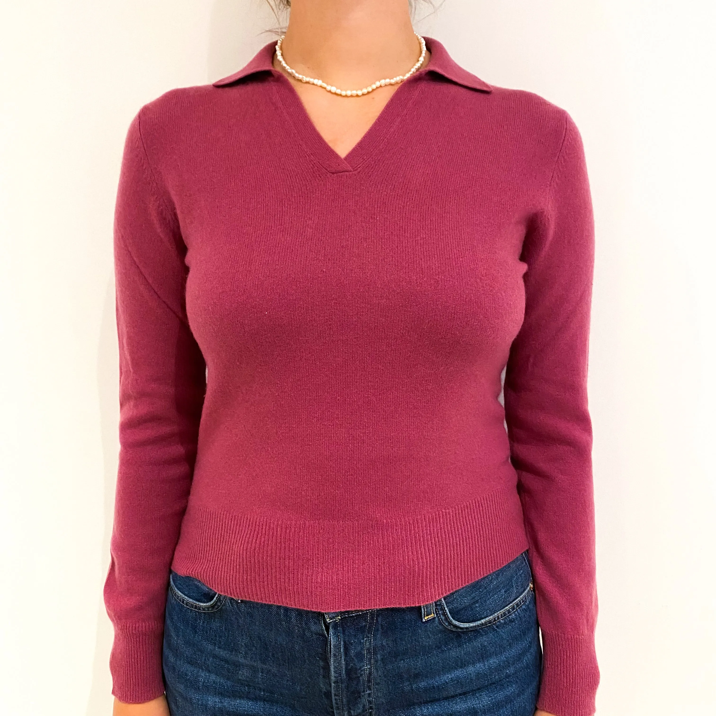 Raspberry Pink Cashmere Collared V-Neck Jumper Small