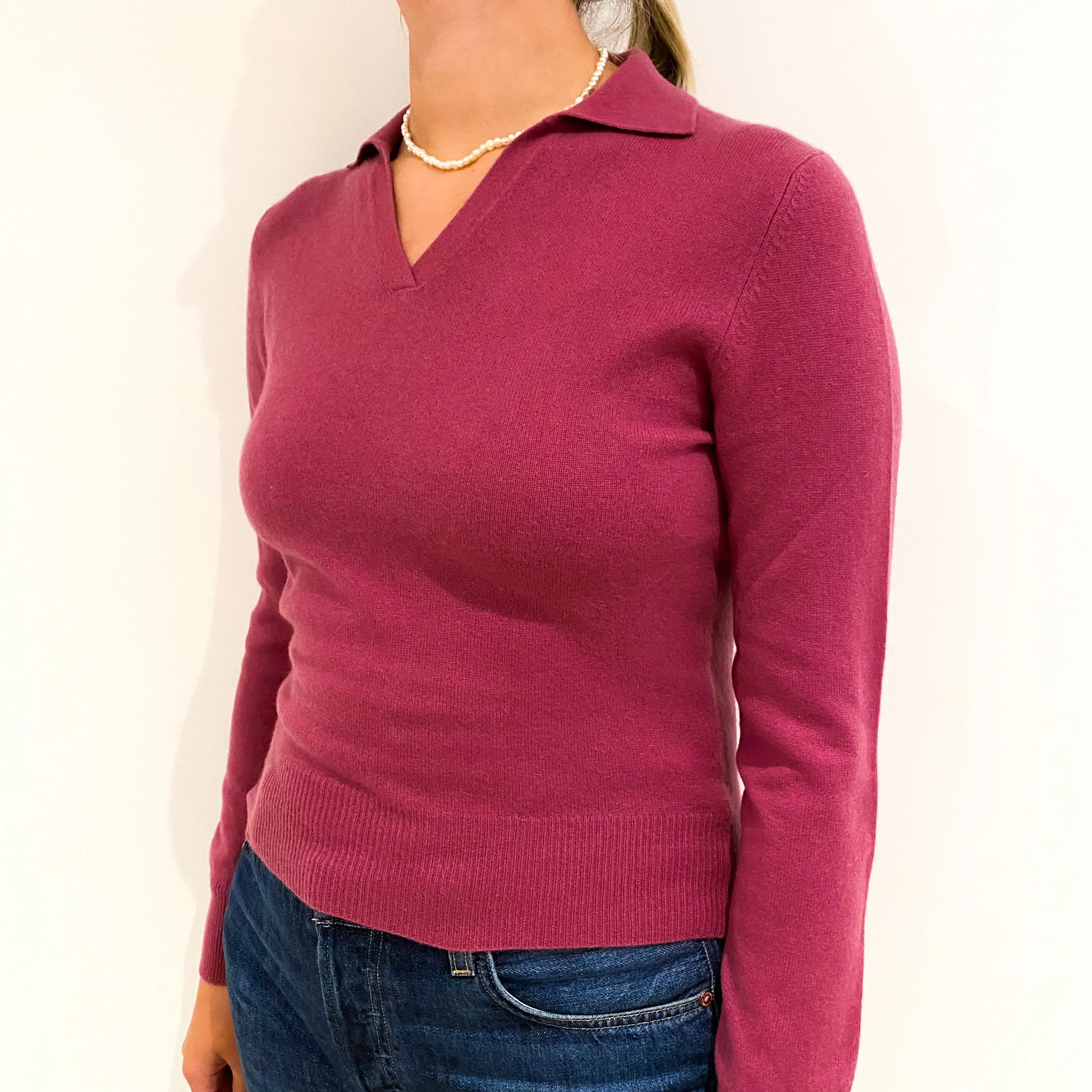 Raspberry Pink Cashmere Collared V-Neck Jumper Small