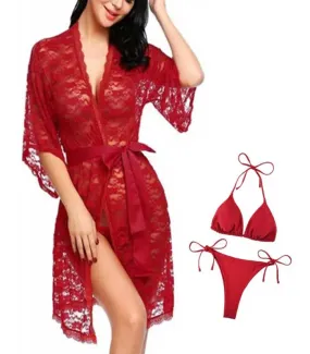Red Net Robe With Bikini & Panty