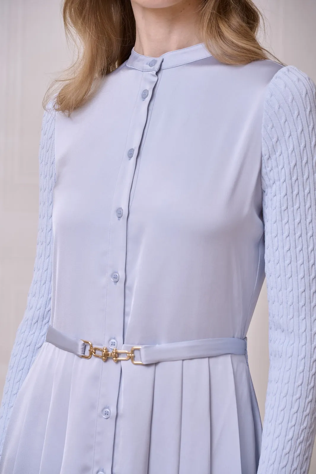 ROP-RPS2504 BLUE KNIT SLEEVE PLEATED DRESS