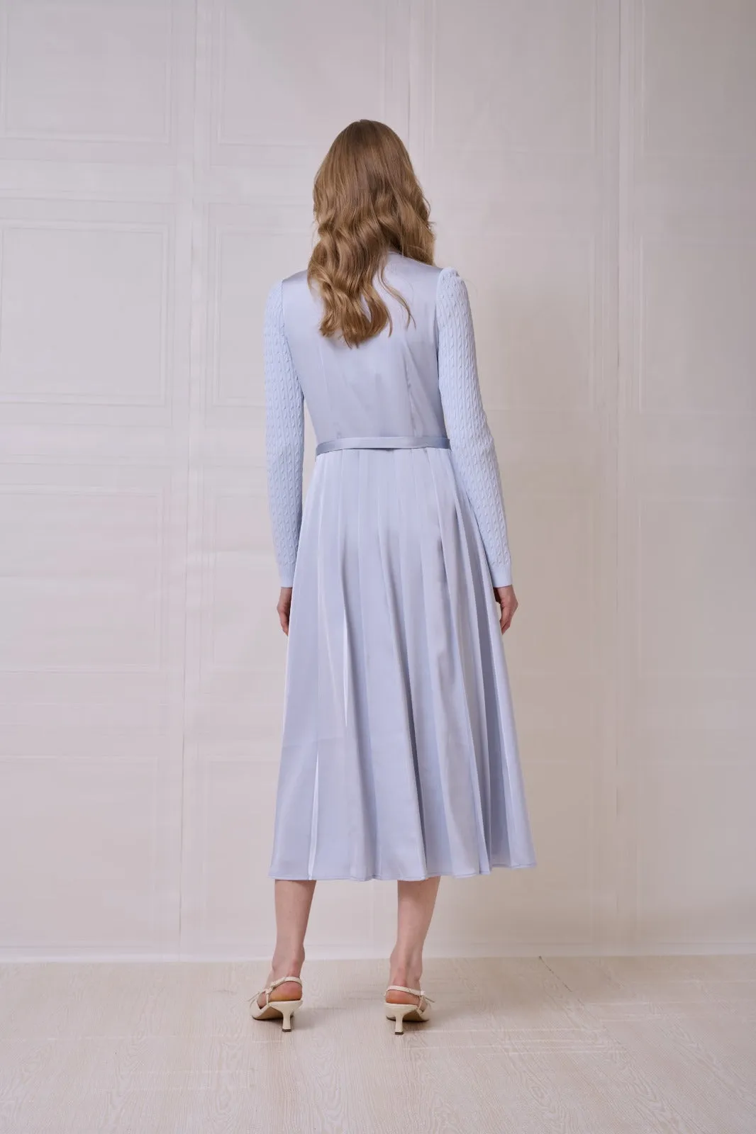ROP-RPS2504 BLUE KNIT SLEEVE PLEATED DRESS