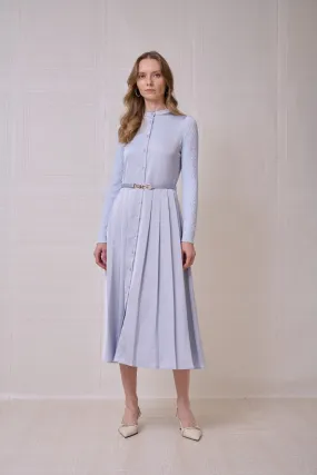 ROP-RPS2504 BLUE KNIT SLEEVE PLEATED DRESS