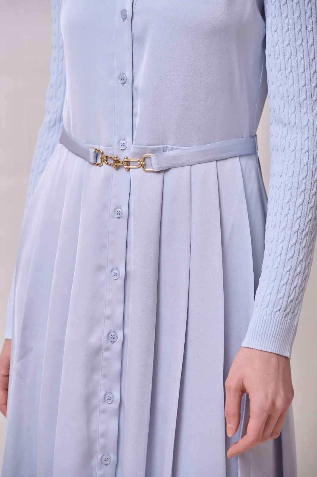 ROP-RPS2504 BLUE KNIT SLEEVE PLEATED DRESS