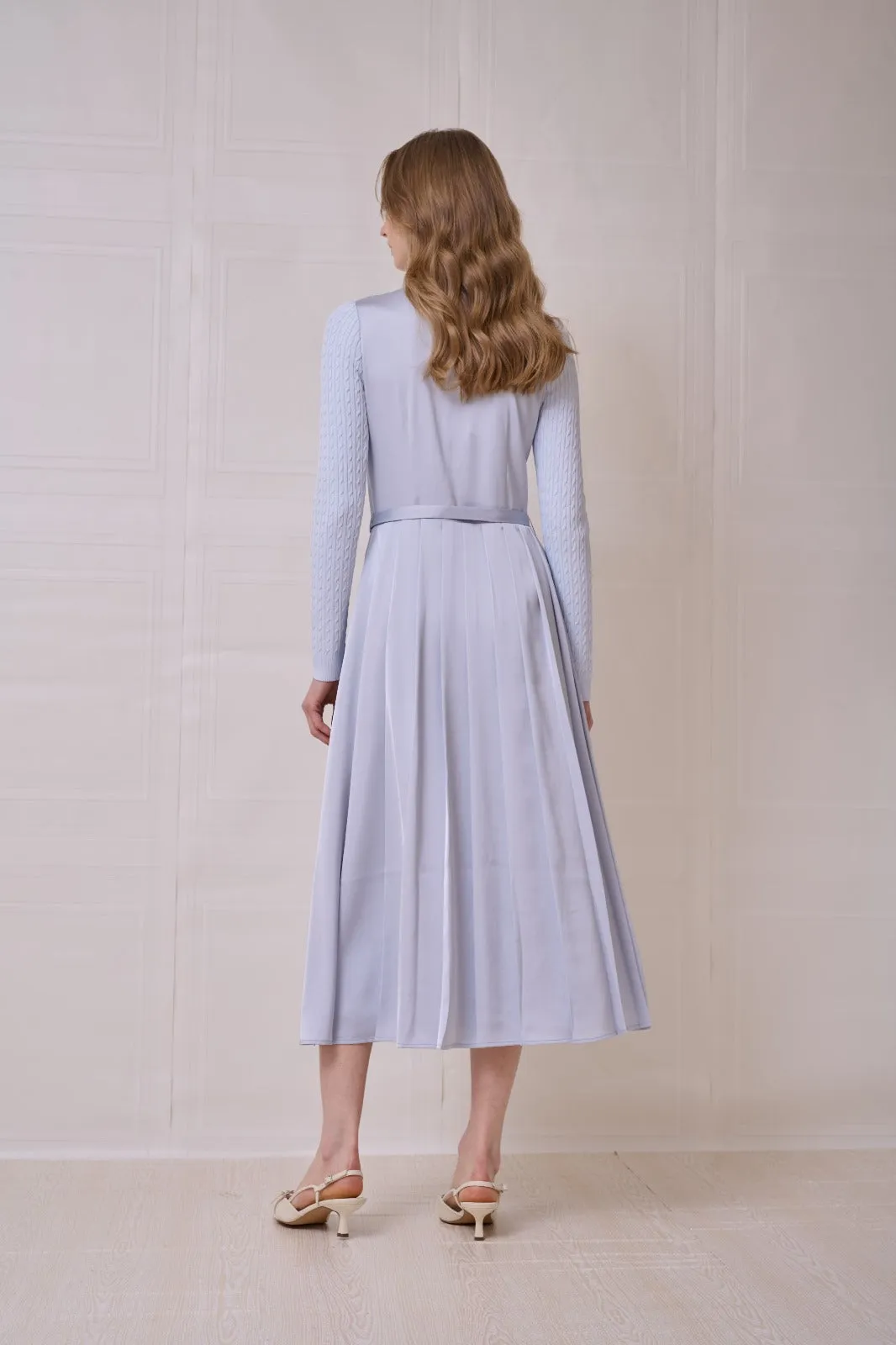 ROP-RPS2504 BLUE KNIT SLEEVE PLEATED DRESS