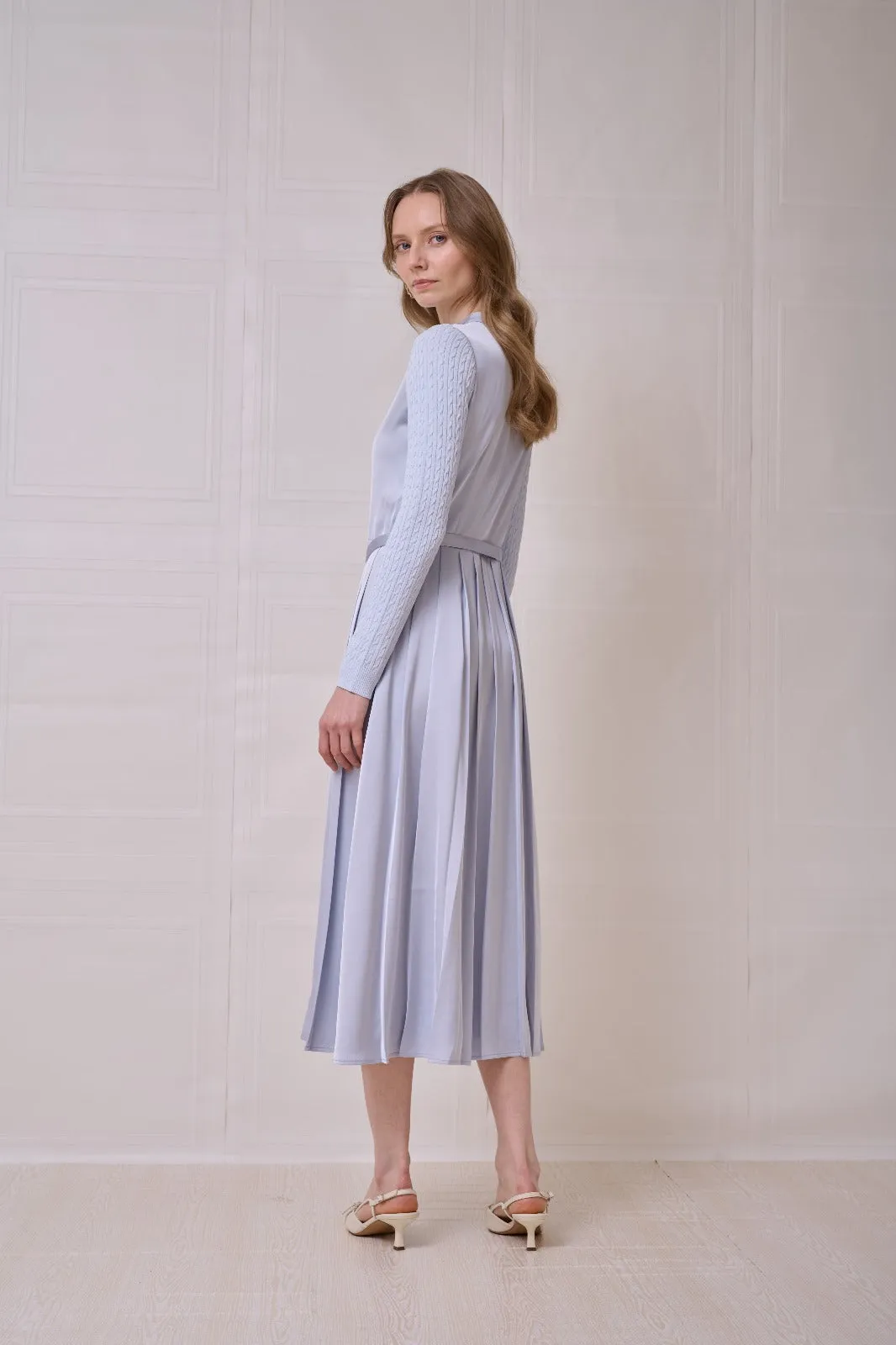 ROP-RPS2504 BLUE KNIT SLEEVE PLEATED DRESS