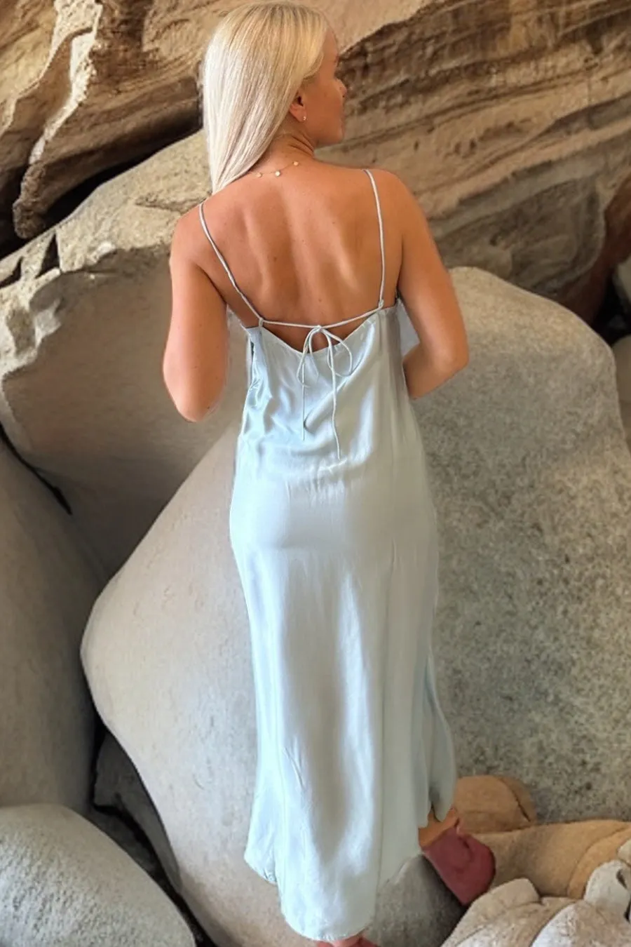 ROSE SILK SLIP DRESS AQUAMARINE