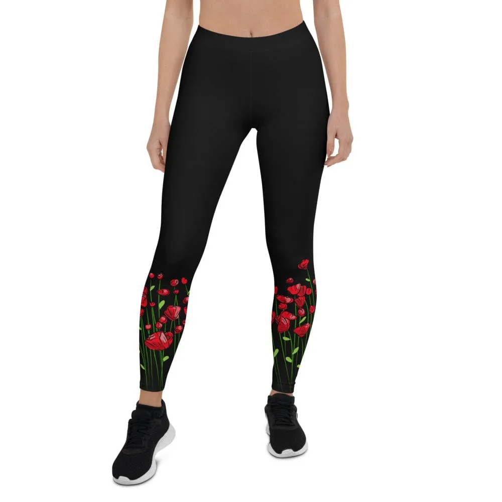 Running through Flowers Black Leggings