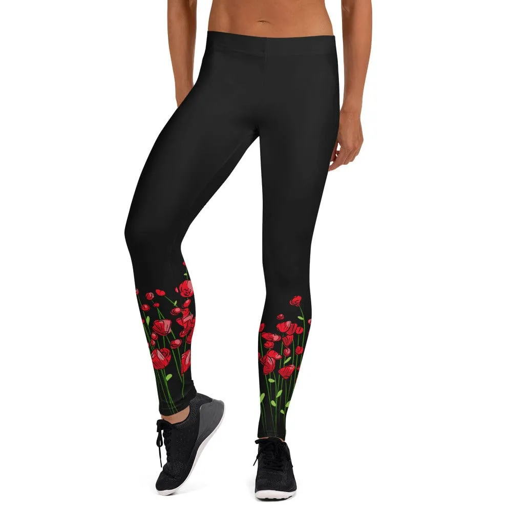 Running through Flowers Black Leggings