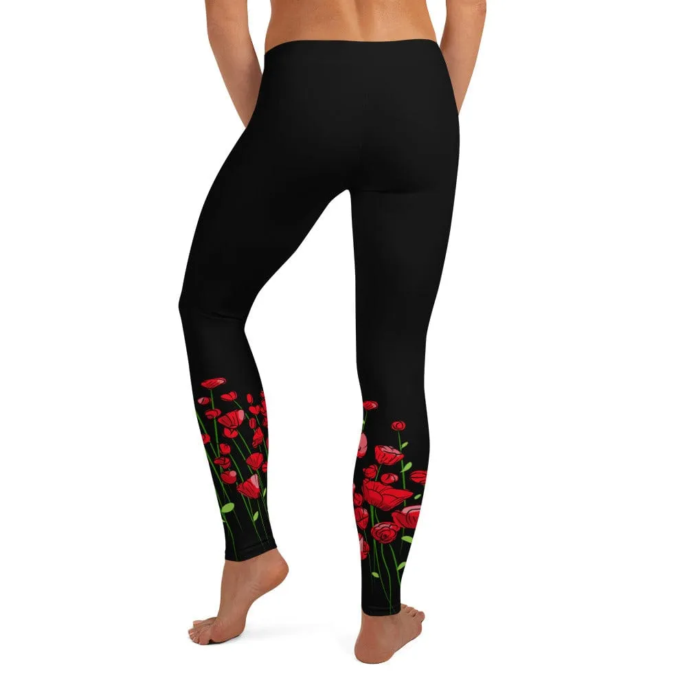 Running through Flowers Black Leggings