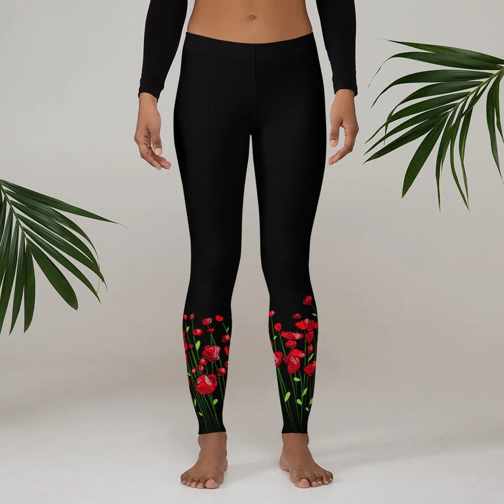 Running through Flowers Black Leggings