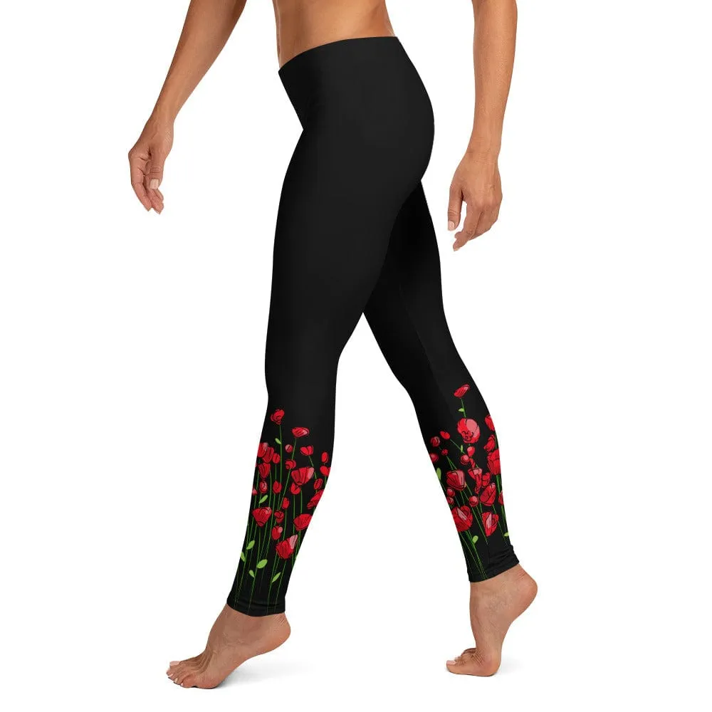 Running through Flowers Black Leggings