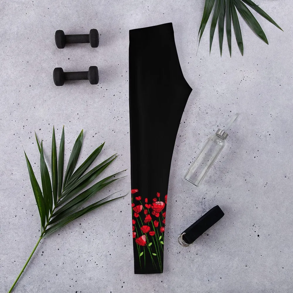 Running through Flowers Black Leggings