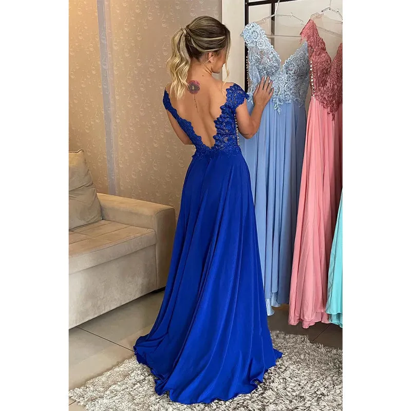 Sexy V-neck Lace A-line Long Formal Evening Dress Plus Size Mother of The Bride Dress