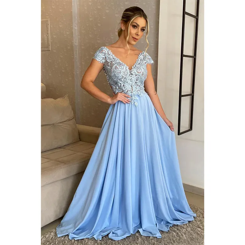 Sexy V-neck Lace A-line Long Formal Evening Dress Plus Size Mother of The Bride Dress