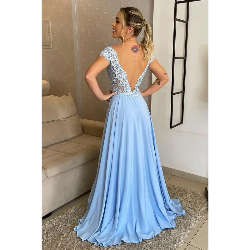 Sexy V-neck Lace A-line Long Formal Evening Dress Plus Size Mother of The Bride Dress