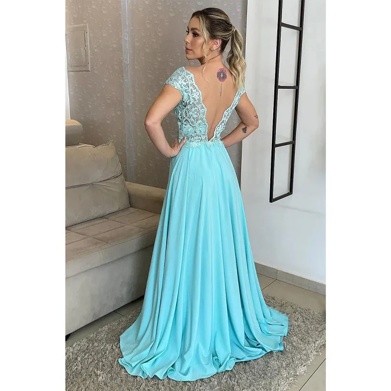 Sexy V-neck Lace A-line Long Formal Evening Dress Plus Size Mother of The Bride Dress
