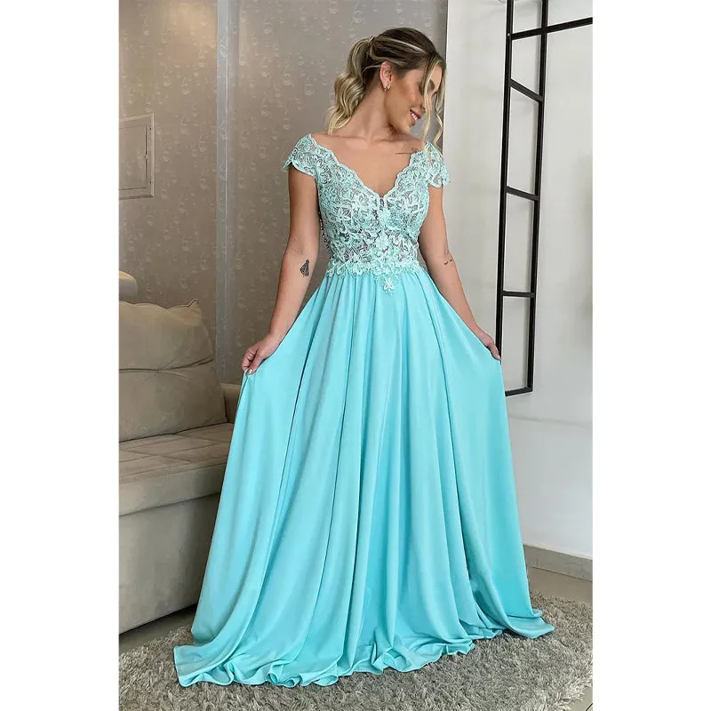 Sexy V-neck Lace A-line Long Formal Evening Dress Plus Size Mother of The Bride Dress