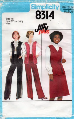 Simplicity 8314 Womens JIFFY Skirt Pants & Vest 1970s Vintage Sewing pattern Size 16 Bust 38 inches UNCUT Factory Folded