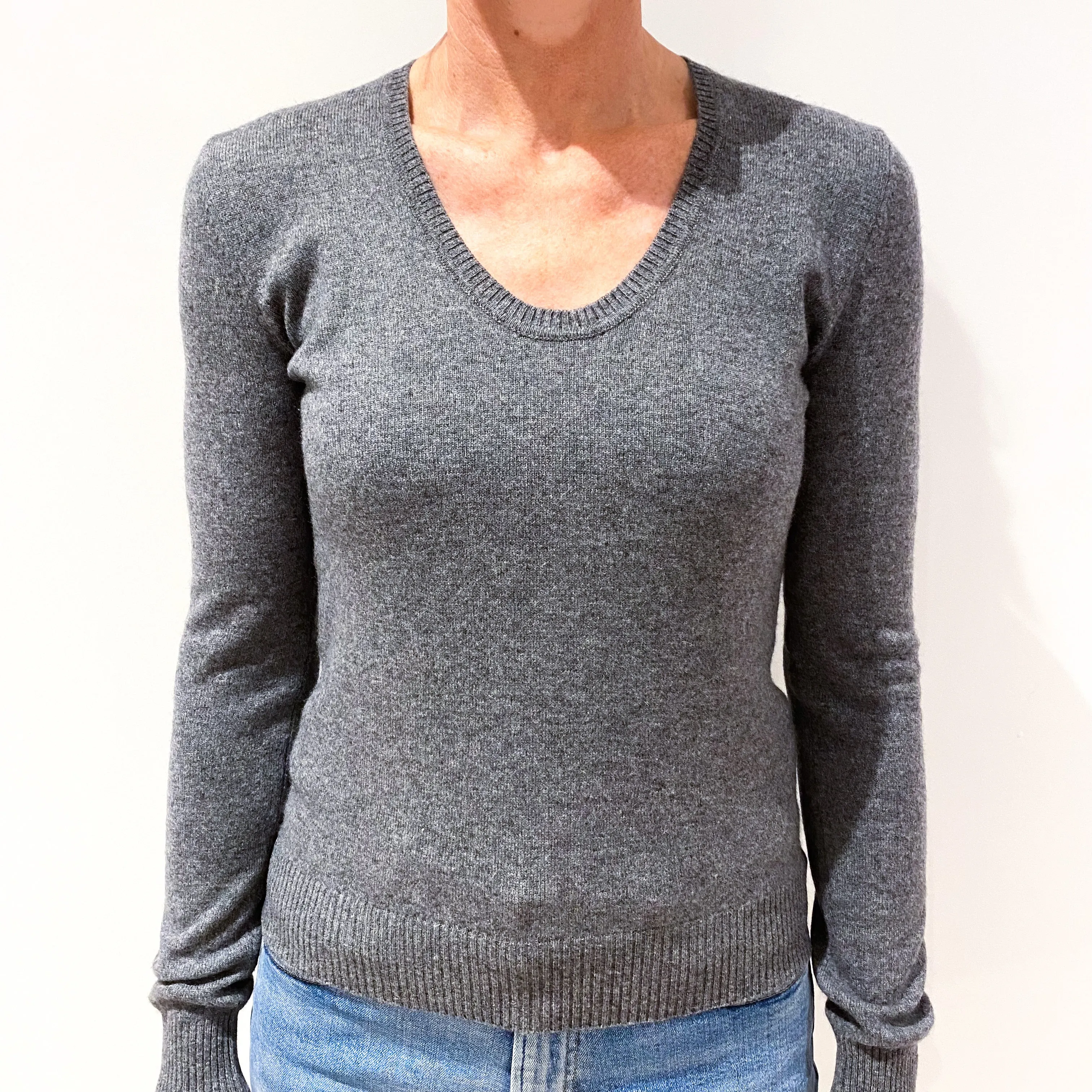 Slate Grey Cashmere Deep Scoop Neck Jumper Small