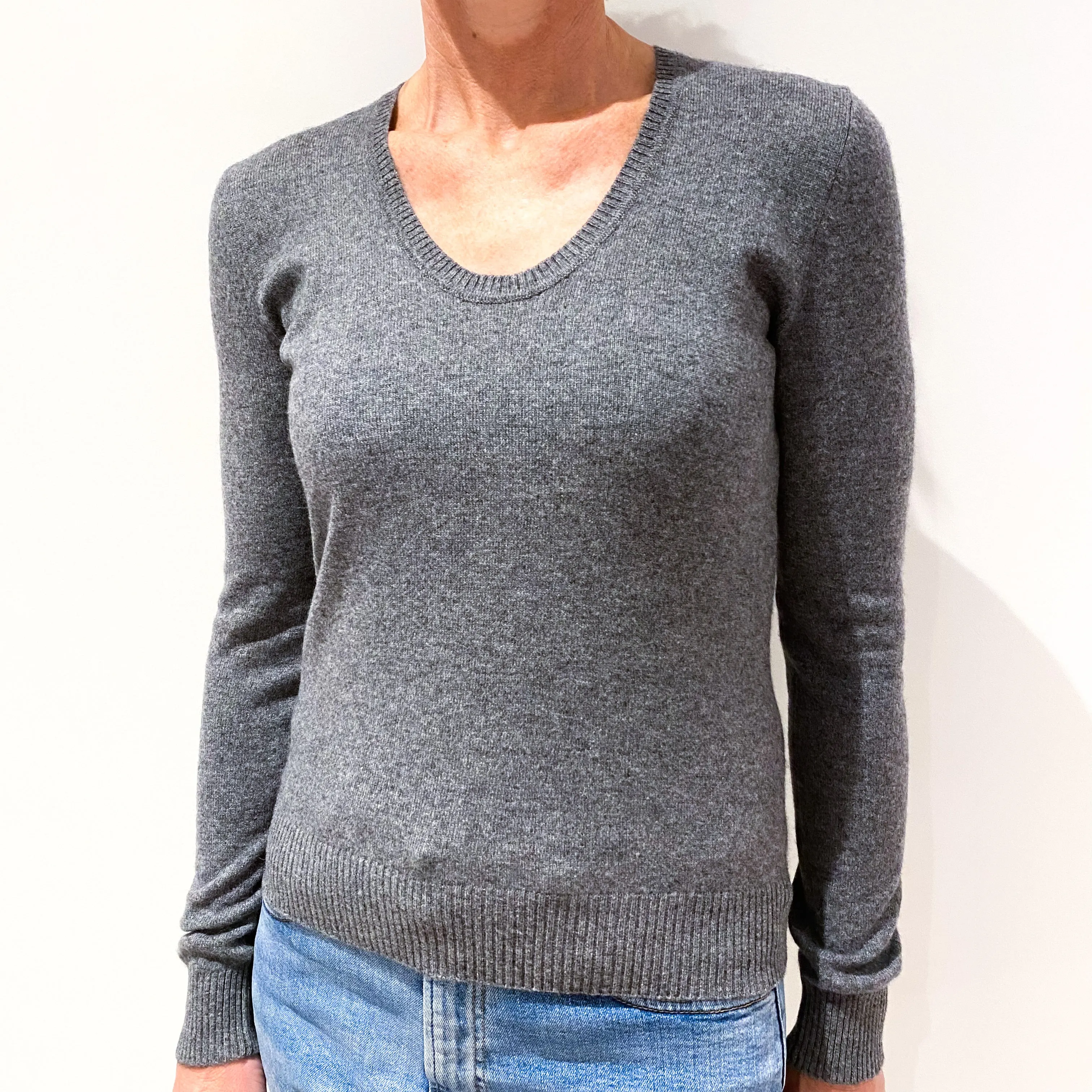 Slate Grey Cashmere Deep Scoop Neck Jumper Small