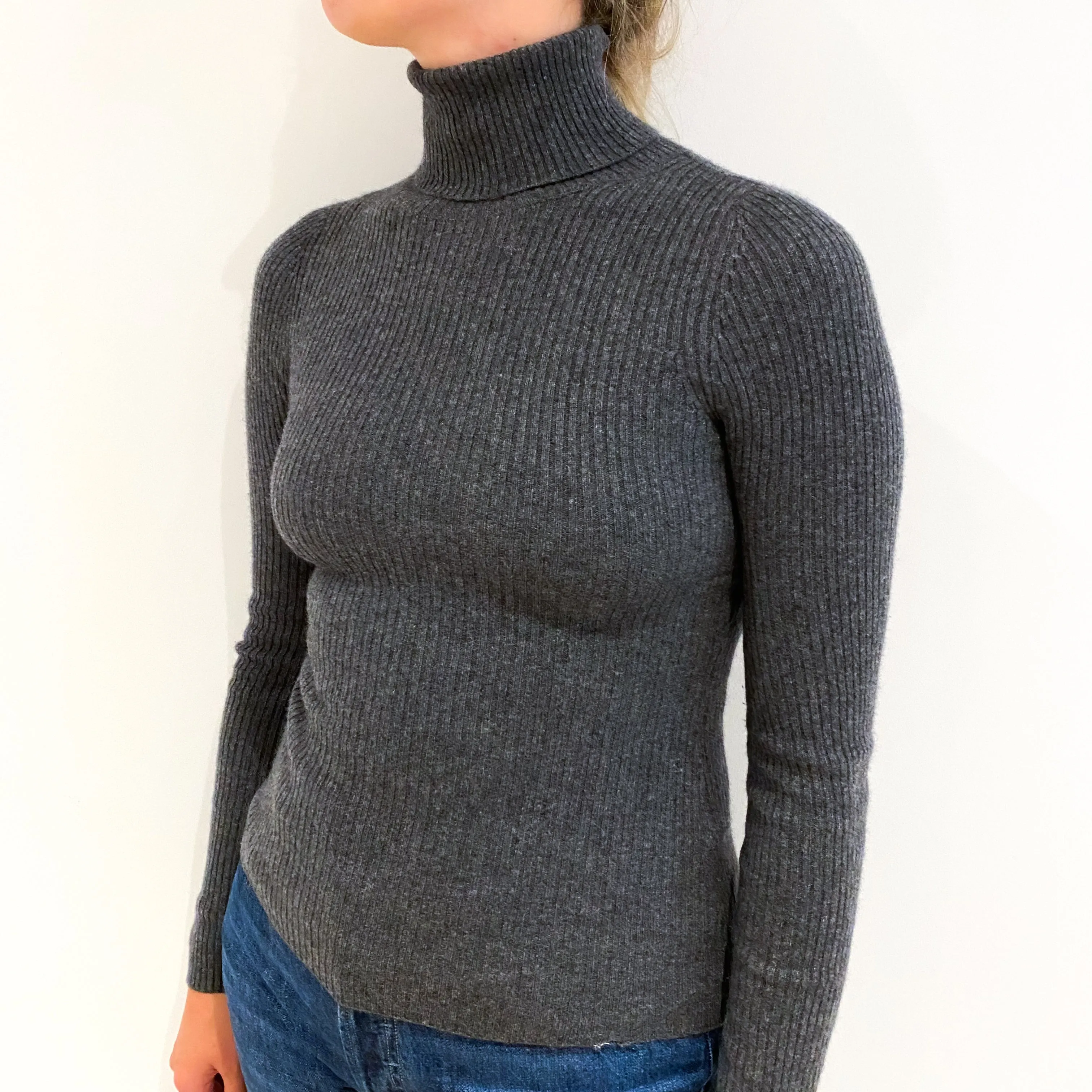 Slate Grey Skinny Rib Cashmere Polo Neck Jumper Small