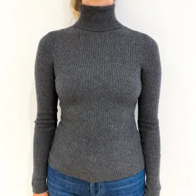 Slate Grey Skinny Rib Cashmere Polo Neck Jumper Small