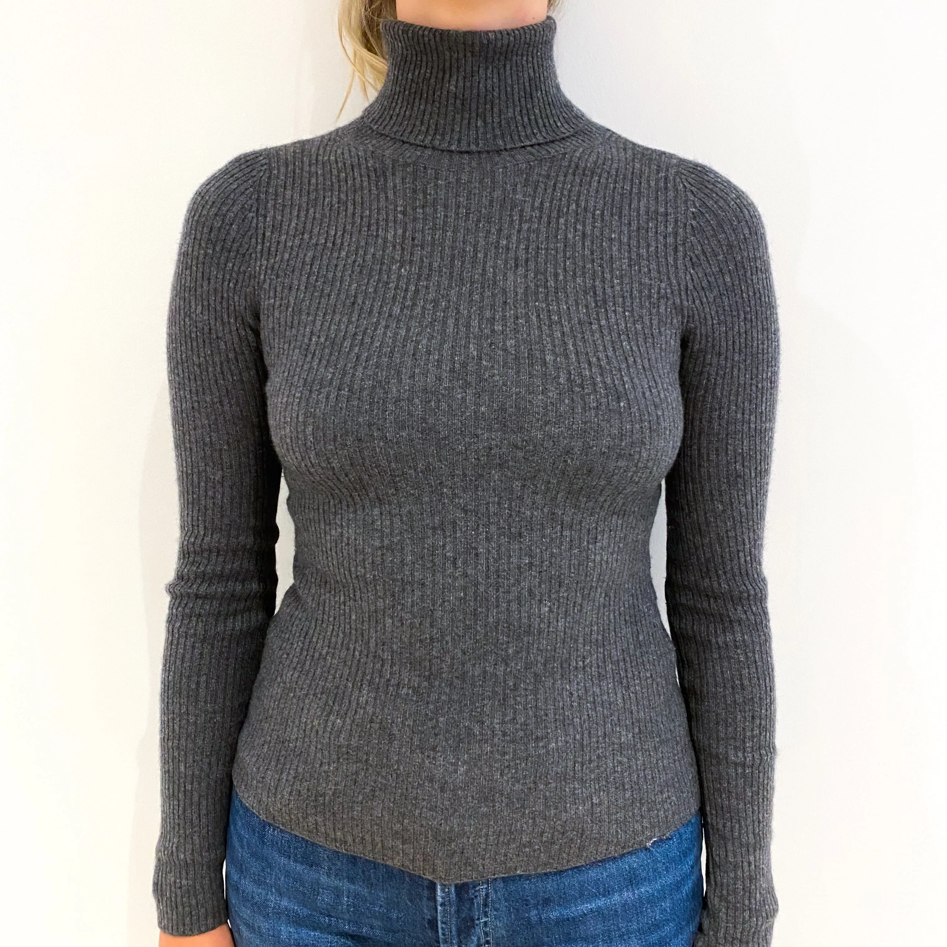 Slate Grey Skinny Rib Cashmere Polo Neck Jumper Small