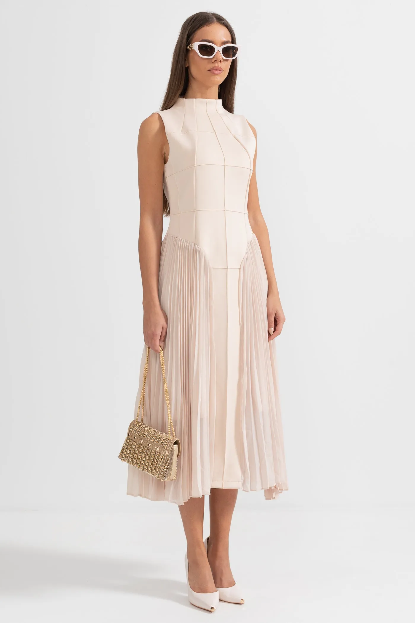 Sleeveless Knit Midi Dress with Plies - Nude