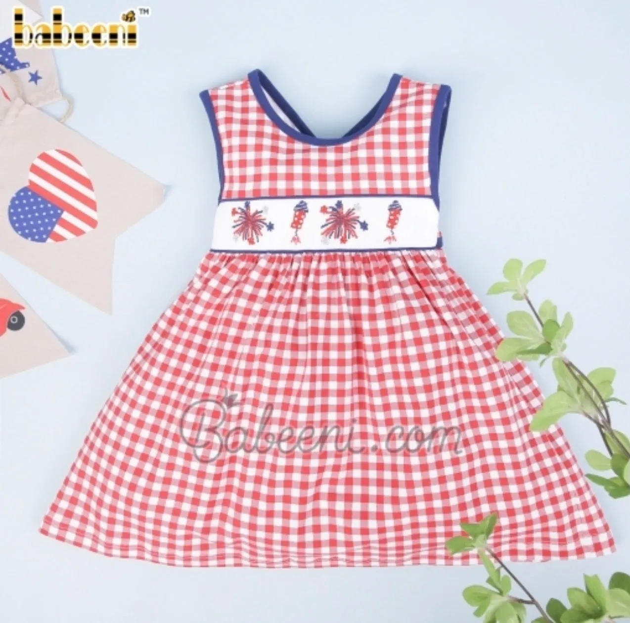 Smocked Independence Girl Dress - Hand Smocked Fireworks Design, Navy Hem, Red Gingham and Navy Kni