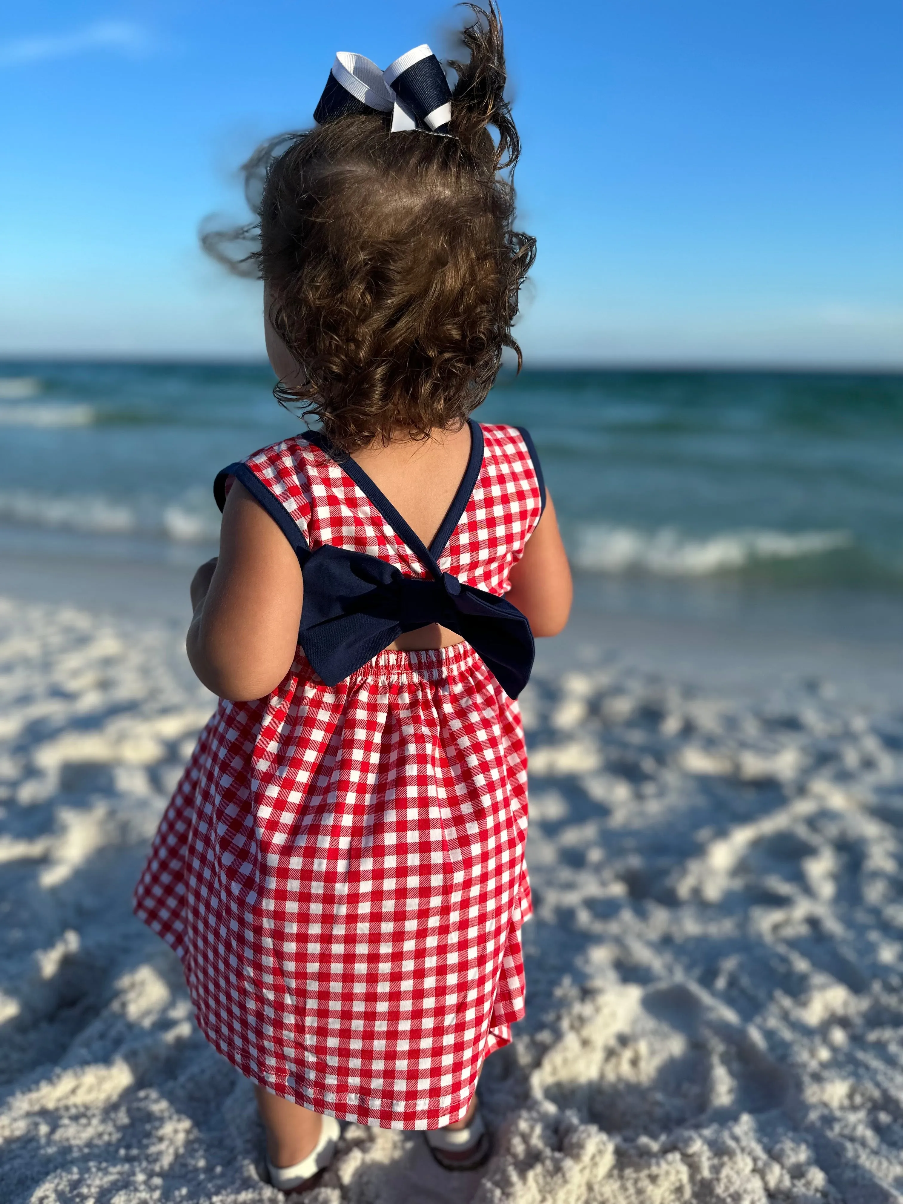 Smocked Independence Girl Dress - Hand Smocked Fireworks Design, Navy Hem, Red Gingham and Navy Kni