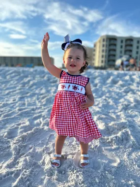 Smocked Independence Girl Dress - Hand Smocked Fireworks Design, Navy Hem, Red Gingham and Navy Kni