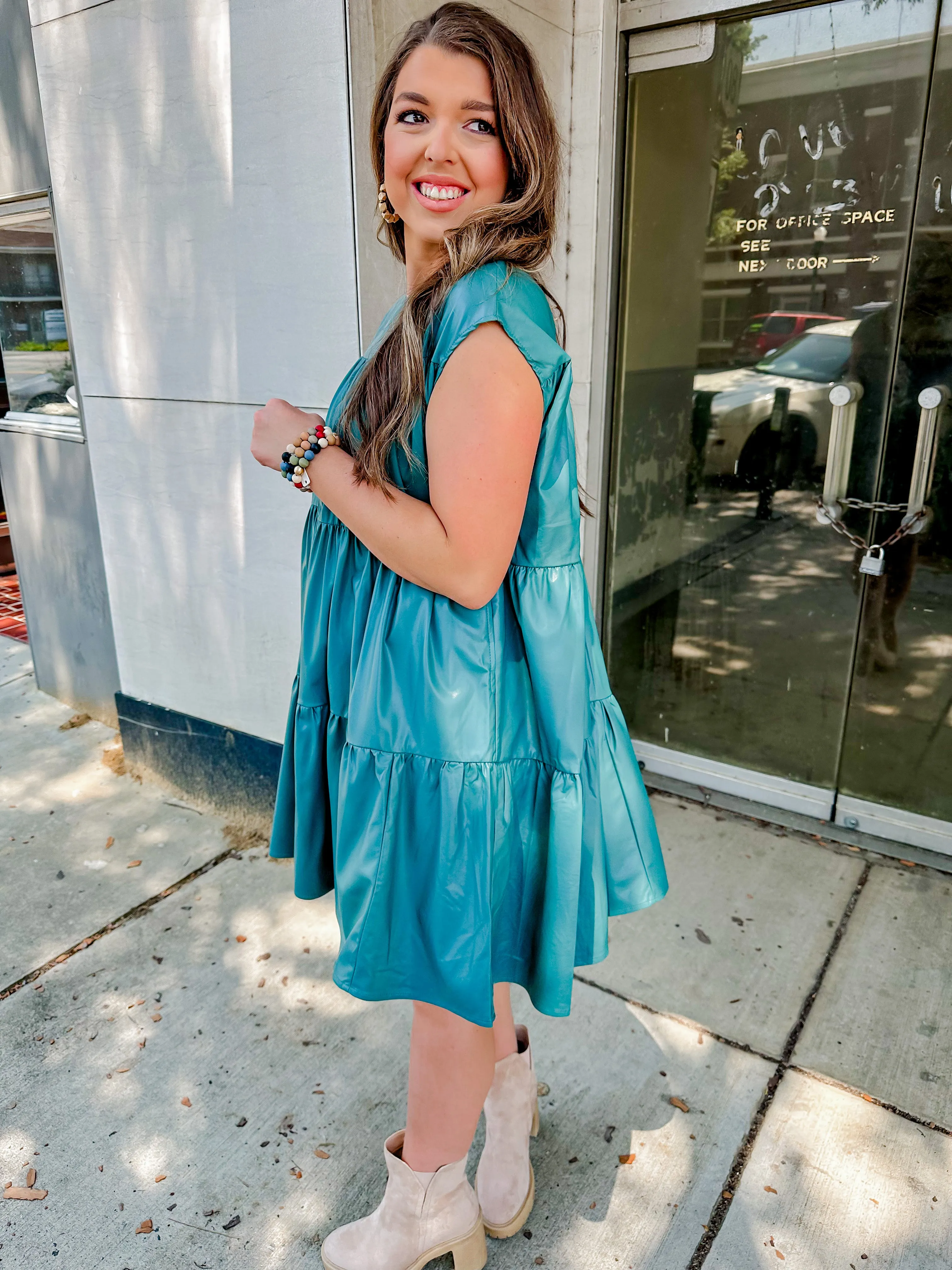 Teal Leather Babydoll Dress