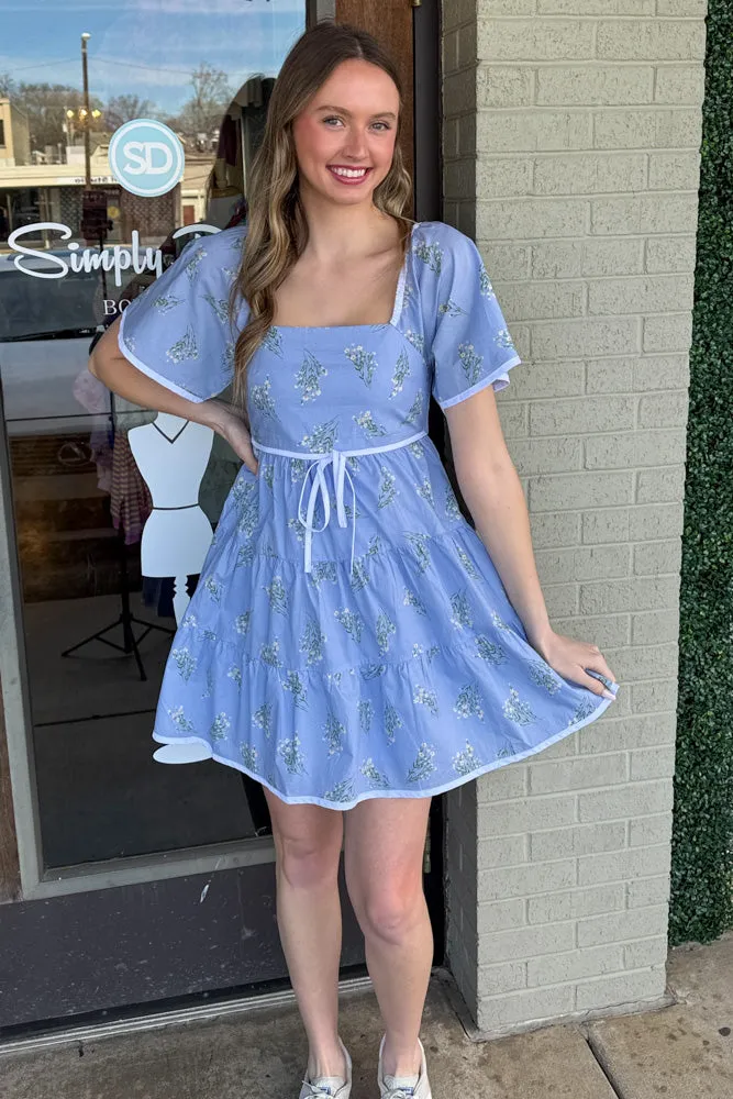 Tiered Floral Dress With White Trim-Blue