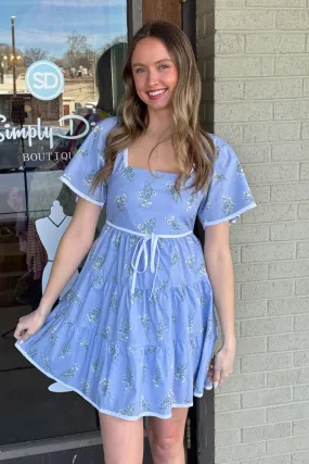Tiered Floral Dress With White Trim-Blue