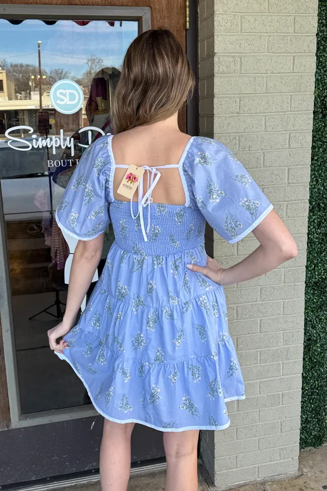 Tiered Floral Dress With White Trim-Blue