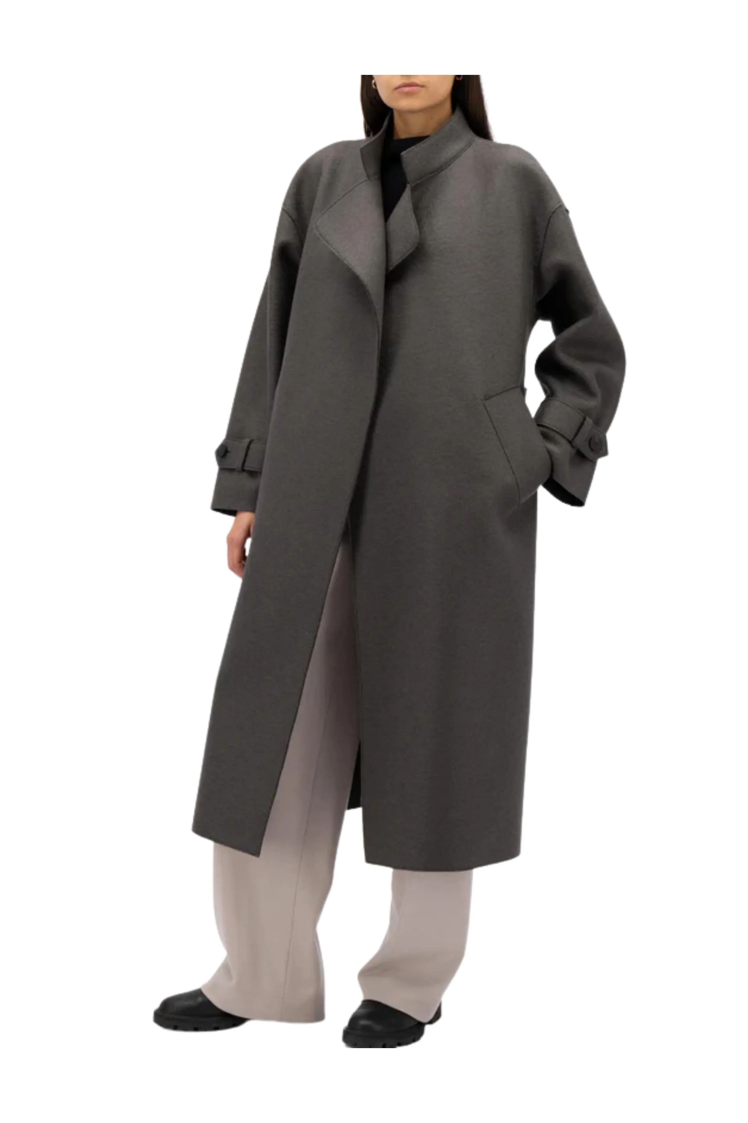 Trench Coat con Cintura in Lana Grigia