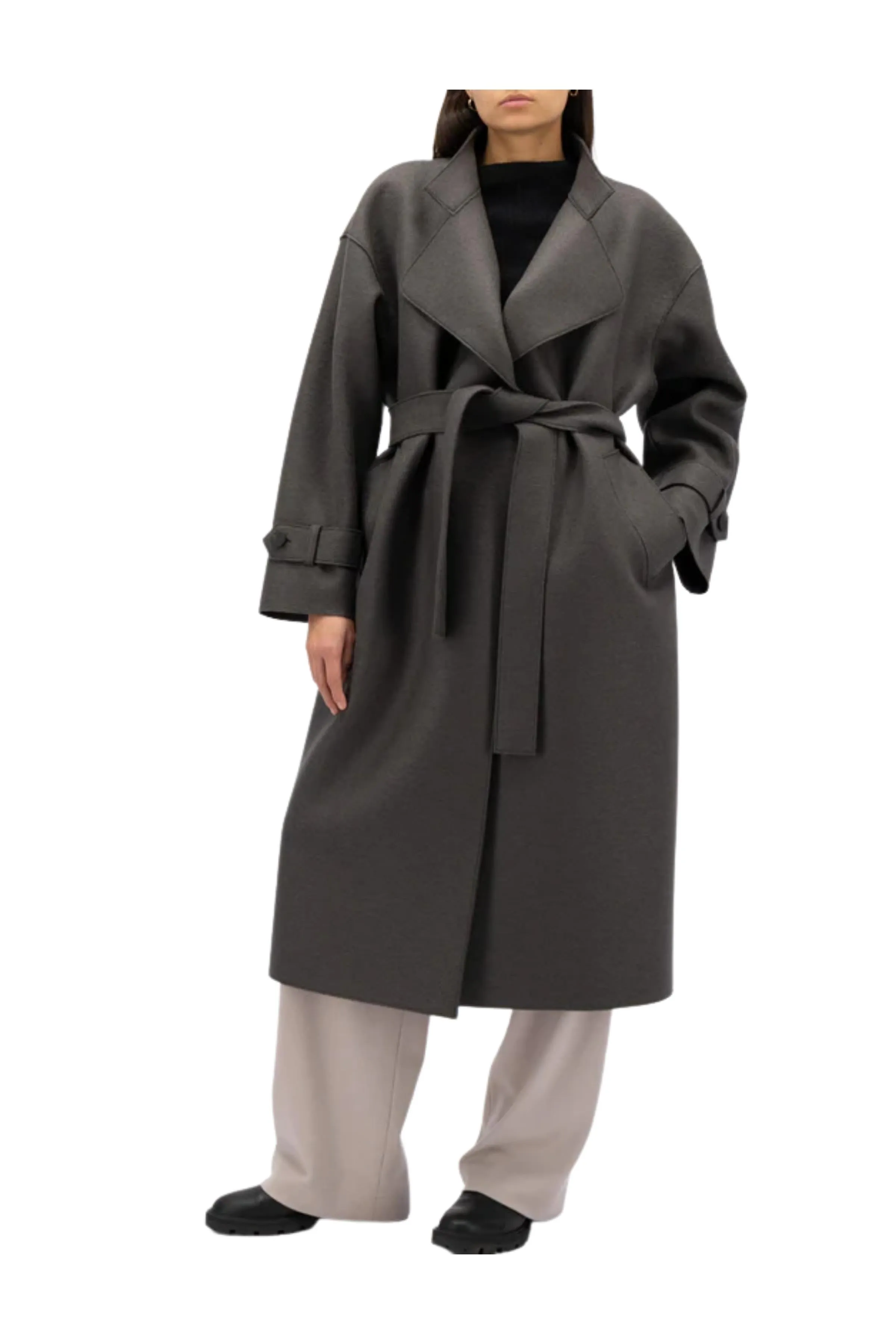 Trench Coat con Cintura in Lana Grigia