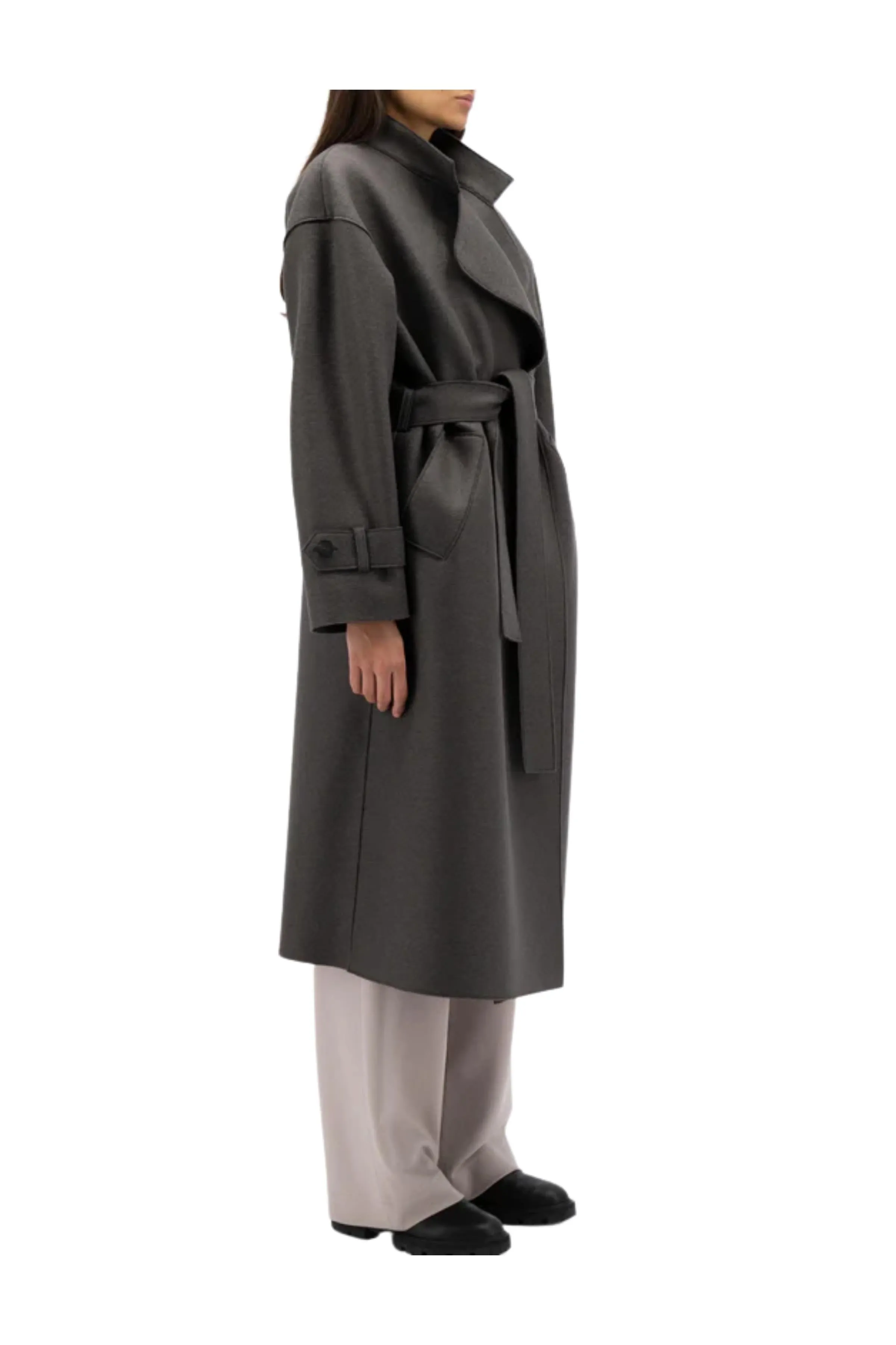 Trench Coat con Cintura in Lana Grigia