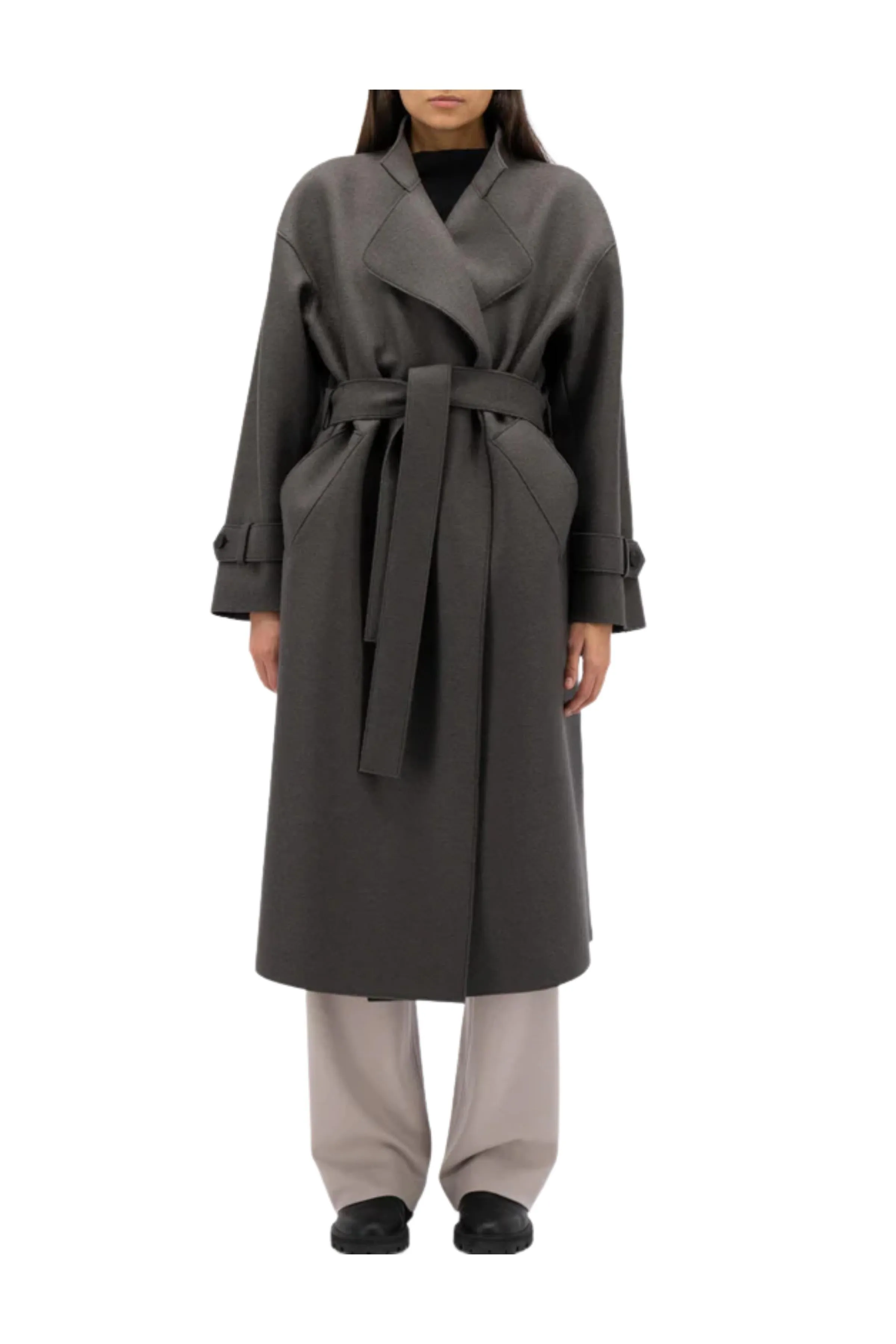 Trench Coat con Cintura in Lana Grigia