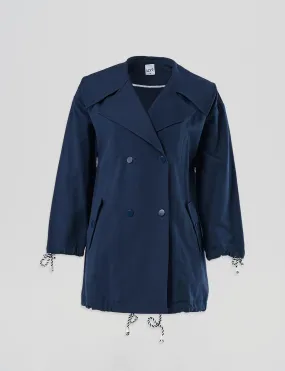 Wide Collar Trench Coat Dark Navy Blue with Button Closure