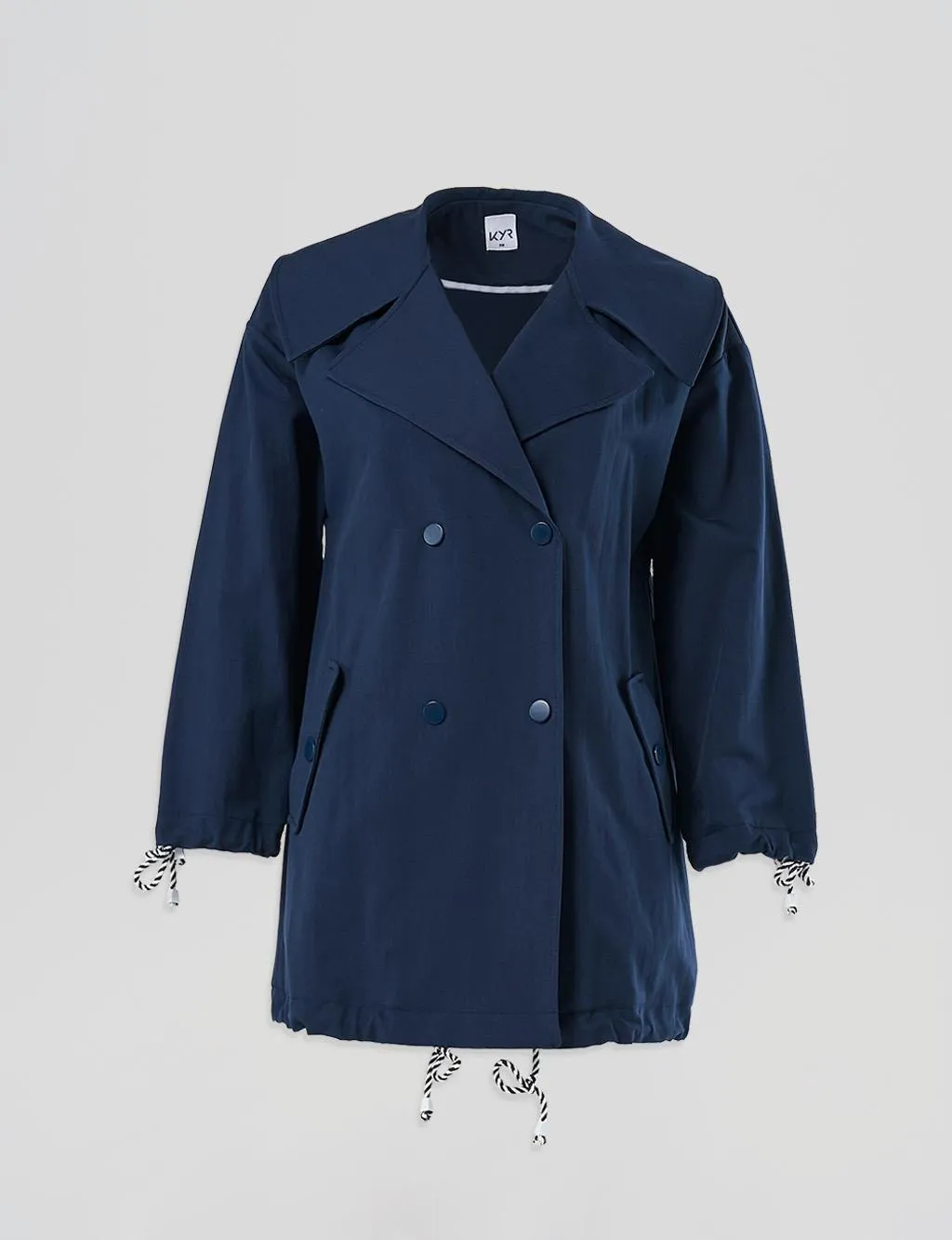 Wide Collar Trench Coat Dark Navy Blue with Button Closure