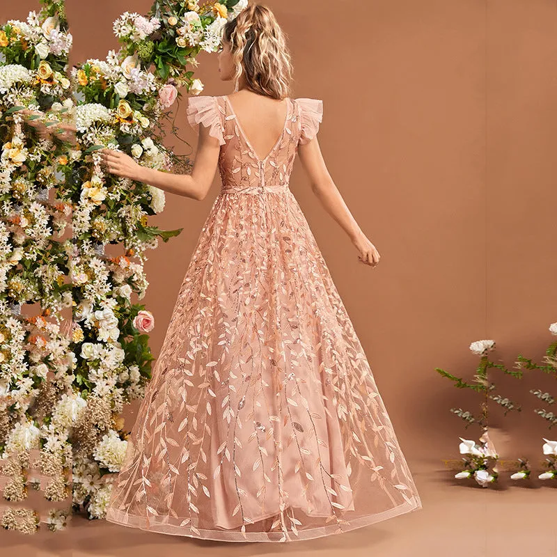 Women Flutter Sleeve Embroidery Evening Dress