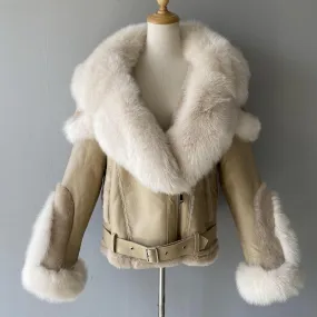 Women Shearling Coat With Real Fox Fur Ladies Winter Thick Warm Lamb Fur Jacket Sheepskin Full Sleeves Outerwear New