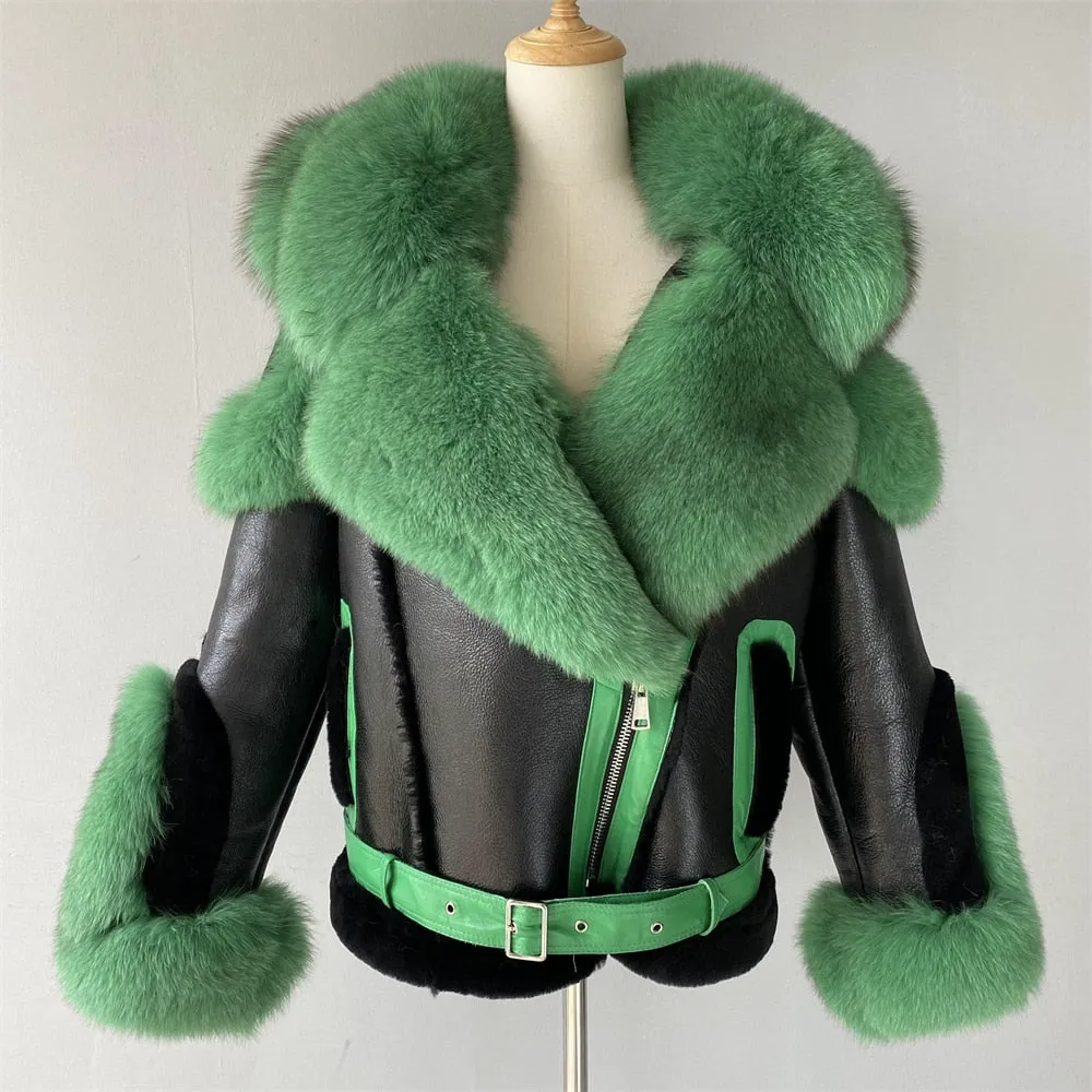 Women Shearling Coat With Real Fox Fur Ladies Winter Thick Warm Lamb Fur Jacket Sheepskin Full Sleeves Outerwear New