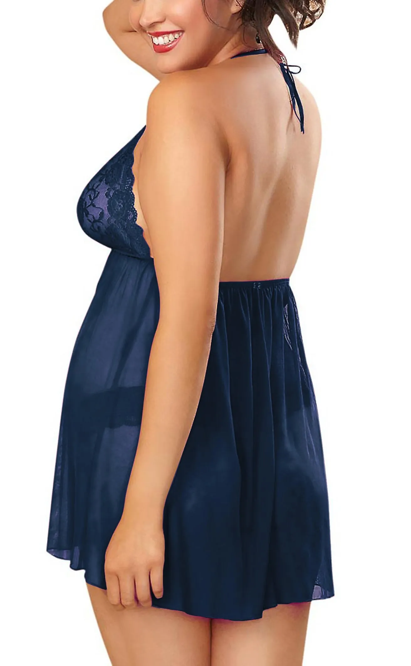 Women's Halter Lace Babydoll Lingerie with Lace Panty (Plus Size)