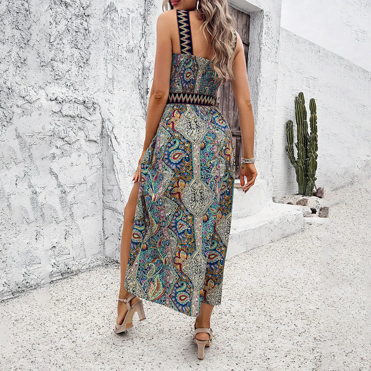 Women's Paisley Print Halterneck Midi Dress with Leg Slit S-XL